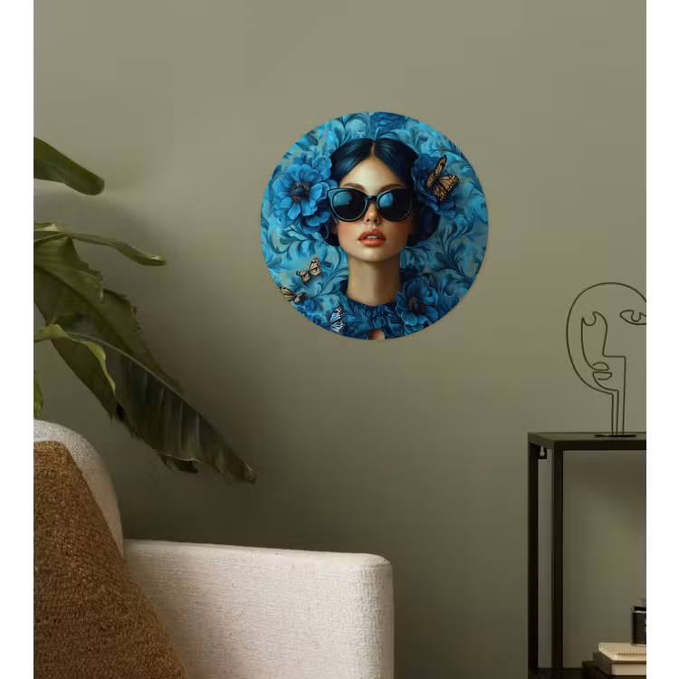 Vrouw - Bloemen - Vlinders - Blauw - Abstract Wandcirkel behangsticker klein -sfeer2