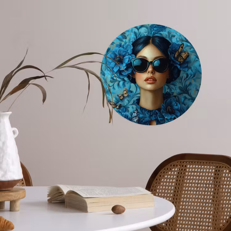 Vrouw - Bloemen - Vlinders - Blauw - Abstract Wandcirkel behangsticker klein -sfeer3