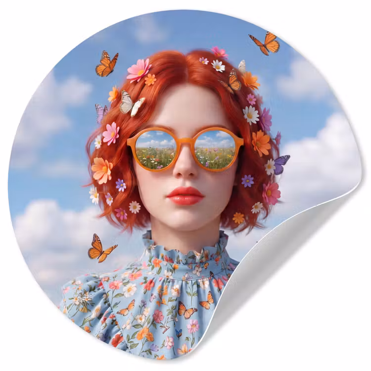 Vrouw - Bloemen - Zomer - Portret - Kleurrijk Wandcirkel behangsticker klein -3d