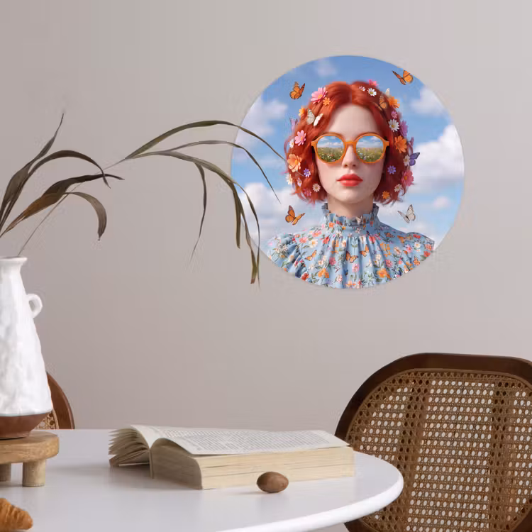 Vrouw - Bloemen - Zomer - Portret - Kleurrijk Wandcirkel behangsticker klein -sfeer3