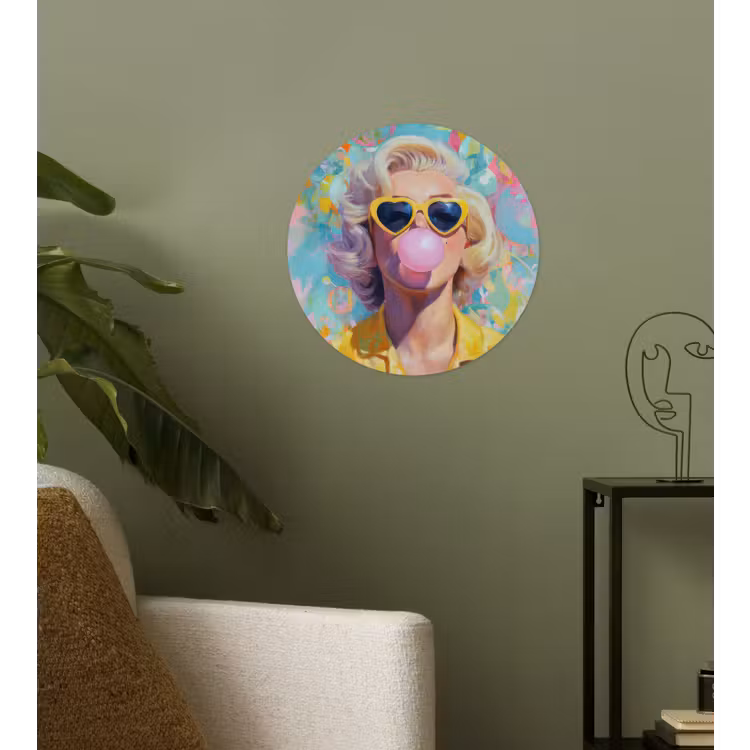 Vrouw - Blond - Roze kauwgom - Kleurrijk - Pastel Wandcirkel behangsticker klein -sfeer2