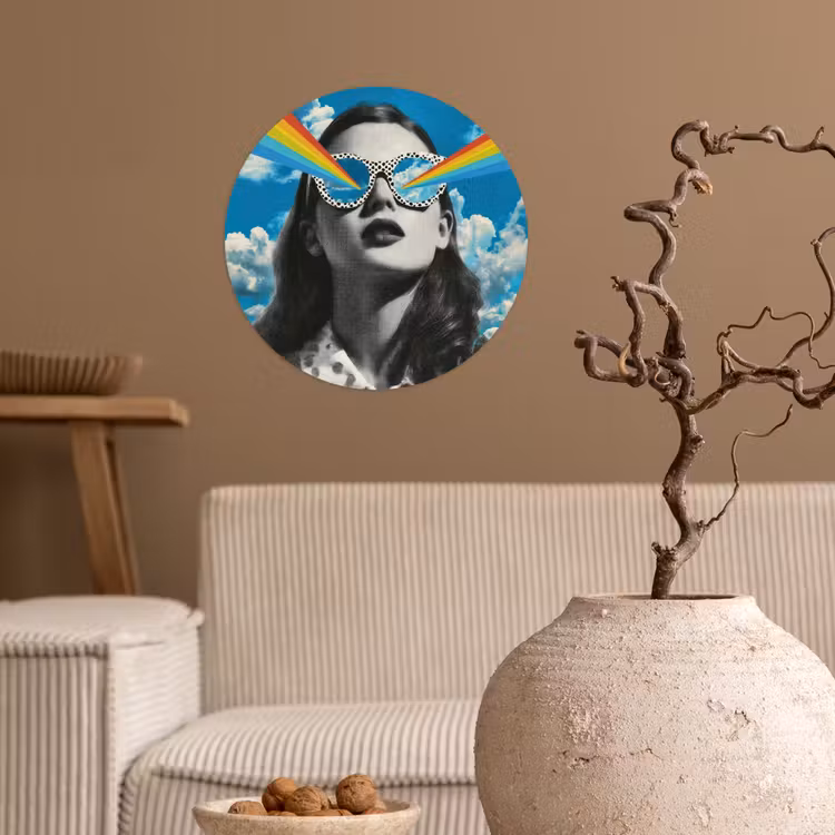 Vrouw - Bril - Regenboog - Wolken Wandcirkel behangsticker klein -sfeer1