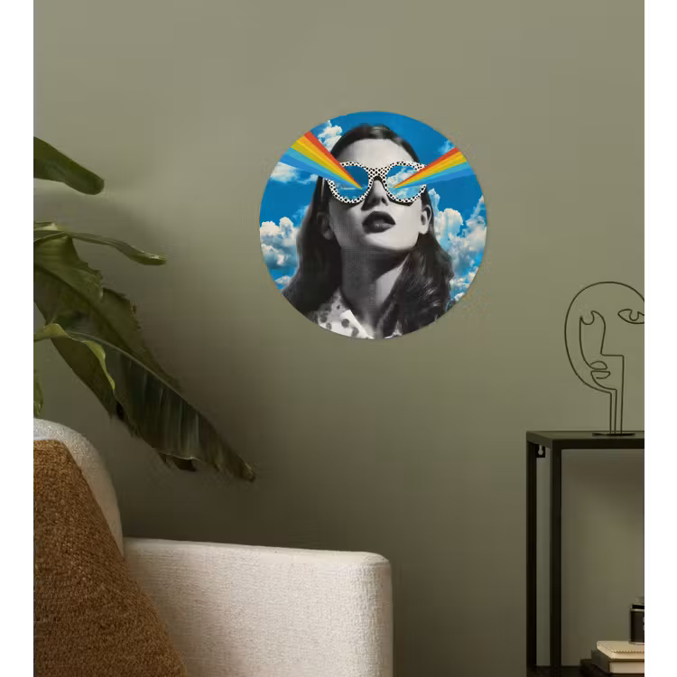 Vrouw - Bril - Regenboog - Wolken Wandcirkel behangsticker klein -sfeer2
