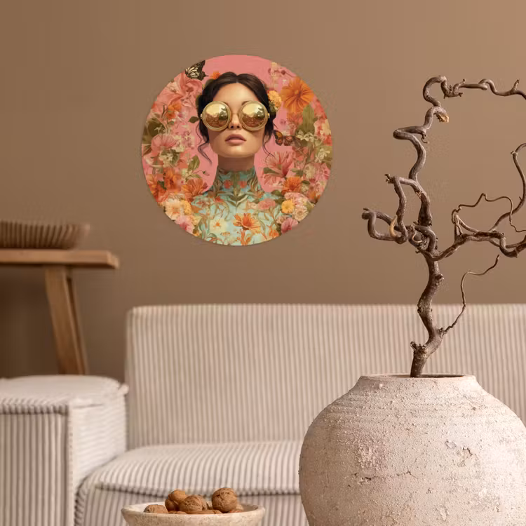Vrouw - Bril - Roze - Bloemen Wandcirkel behangsticker klein -sfeer1