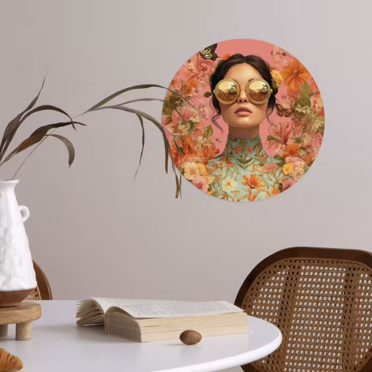 Vrouw - Bril - Roze - Bloemen Wandcirkel behangsticker klein -sfeer3