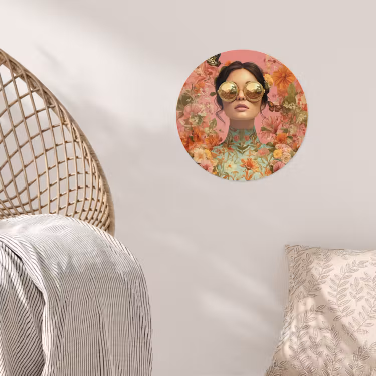 Vrouw - Bril - Roze - Bloemen Wandcirkel behangsticker klein -sfeer4