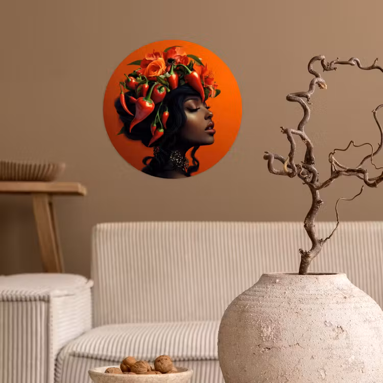 Vrouw - Chilipepers - Pepers - Bloemen Wandcirkel behangsticker klein -sfeer1