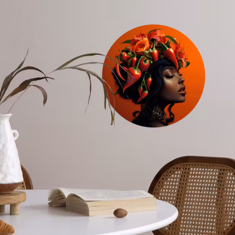 Vrouw - Chilipepers - Pepers - Bloemen Wandcirkel behangsticker klein -sfeer3