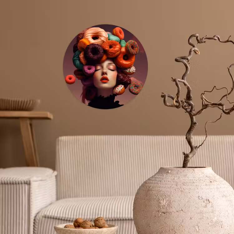 Vrouw - Donuts - Kleurrijk Wandcirkel behangsticker klein -sfeer1