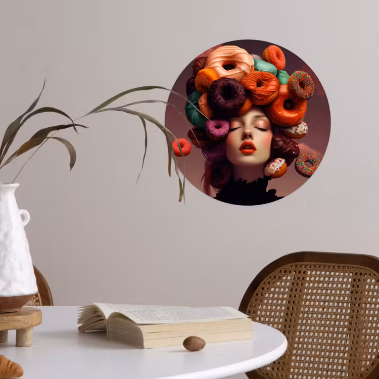 Vrouw - Donuts - Kleurrijk Wandcirkel behangsticker klein -sfeer3
