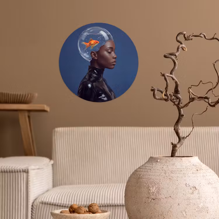 Vrouw - Goudvis - Hoofd - Abstract - Blauw Wandcirkel behangsticker klein -sfeer1