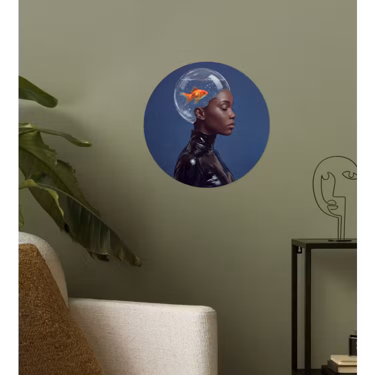 Vrouw - Goudvis - Hoofd - Abstract - Blauw Wandcirkel behangsticker klein -sfeer2