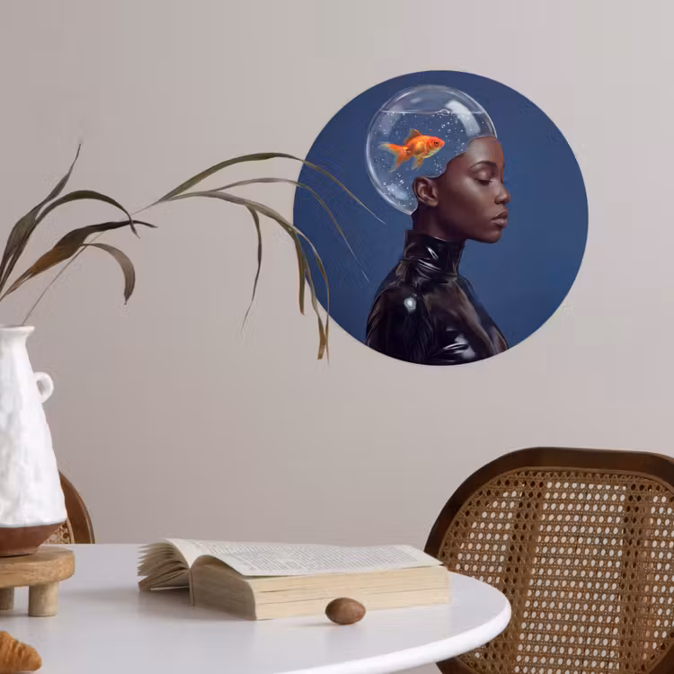 Vrouw - Goudvis - Hoofd - Abstract - Blauw Wandcirkel behangsticker klein -sfeer3