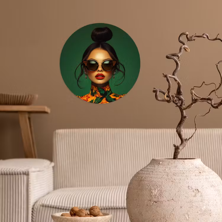 Vrouw - Groen - Modern - Bril - Abstract Wandcirkel behangsticker klein -sfeer1
