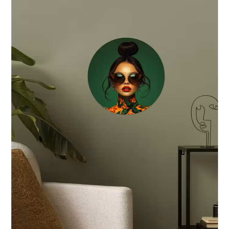 Vrouw - Groen - Modern - Bril - Abstract Wandcirkel behangsticker klein -sfeer2