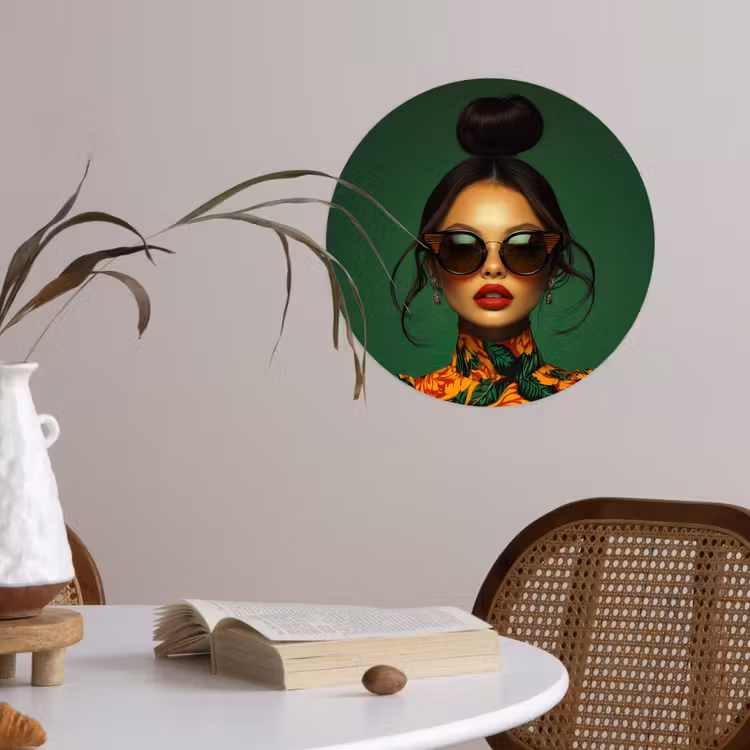 Vrouw - Groen - Modern - Bril - Abstract Wandcirkel behangsticker klein -sfeer3