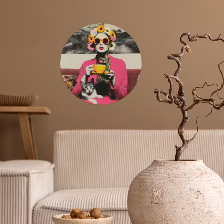 Vrouw - Kat - Bloemen - Kopje - Retro Wandcirkel behangsticker klein -sfeer1