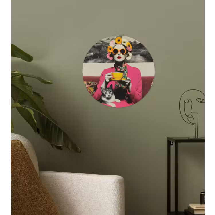 Vrouw - Kat - Bloemen - Kopje - Retro Wandcirkel behangsticker klein -sfeer2