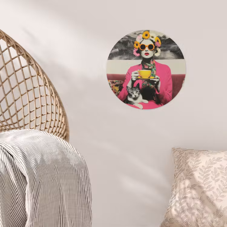 Vrouw - Kat - Bloemen - Kopje - Retro Wandcirkel behangsticker klein -sfeer4