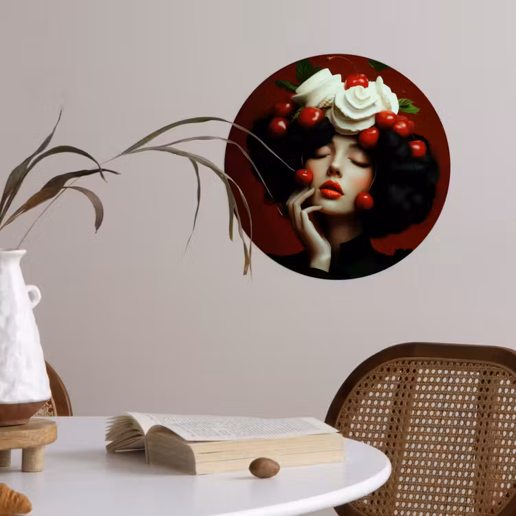 Vrouw - Kersen - Slagroom Wandcirkel behangsticker klein -sfeer3
