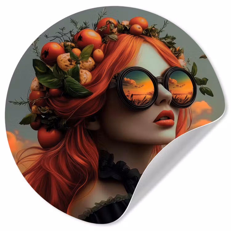 Vrouw - Kroon - Tomaat - Bascilicum - Zonnebril Wandcirkel behangsticker klein -3d