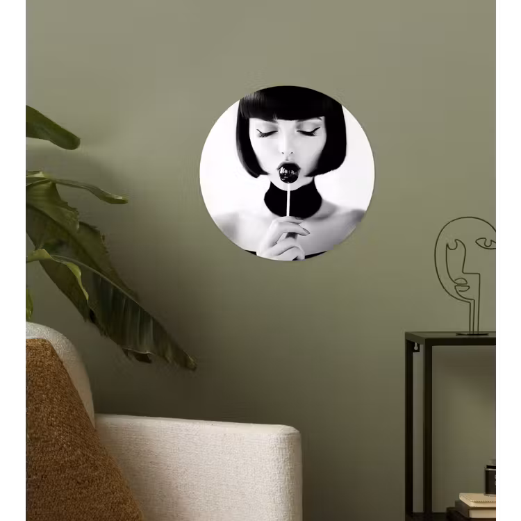 Vrouw - Lolly - Zwart - Wit Wandcirkel behangsticker klein -sfeer2