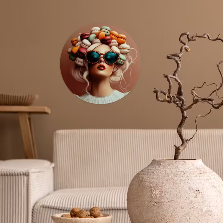 Vrouw - Macarons - Bril Wandcirkel behangsticker klein -sfeer1