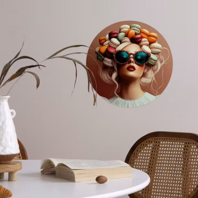 Vrouw - Macarons - Bril Wandcirkel behangsticker klein -sfeer3