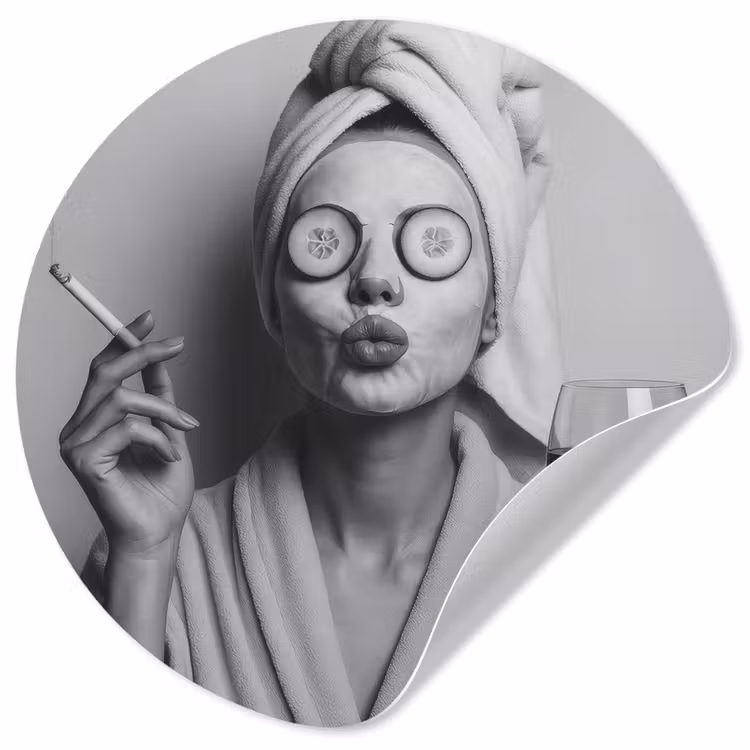 Vrouw - Masker - Wijn - Sigaret Wandcirkel behangsticker klein -3d