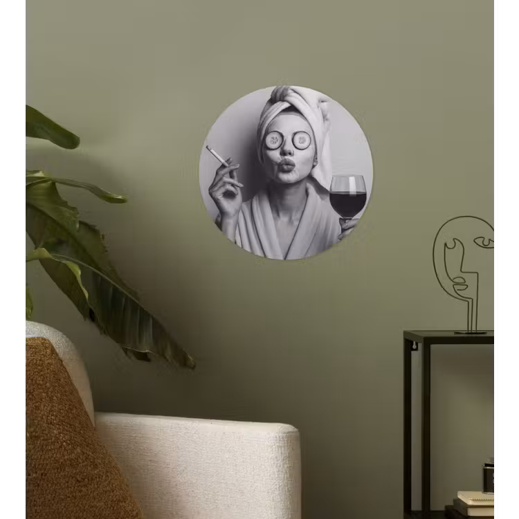 Vrouw - Masker - Wijn - Sigaret Wandcirkel behangsticker klein -sfeer2