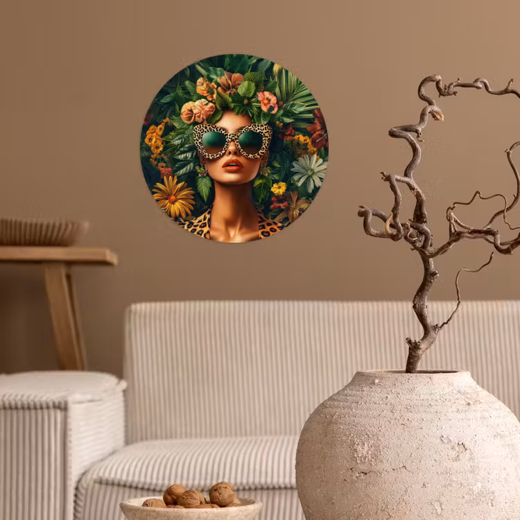 Vrouw - Panterprint - Jungle - Natuur - Luxe Wandcirkel behangsticker klein -sfeer1