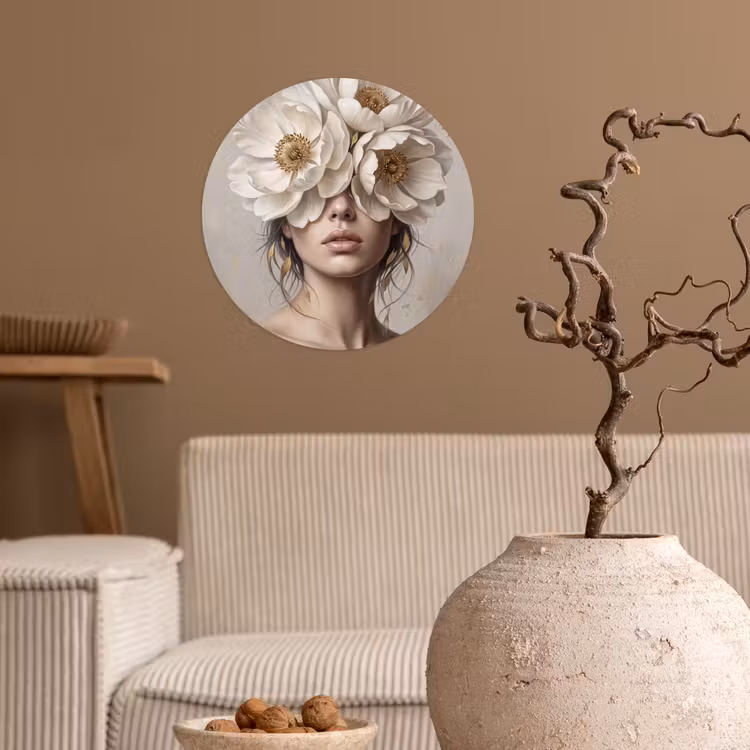 Vrouw - Pioenroos - Wit Wandcirkel behangsticker klein -sfeer1