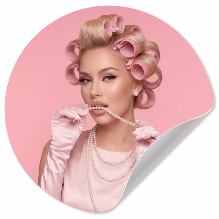 Vrouw - Roze - Parelketting - Krulspelden Wandcirkel behangsticker klein -3d