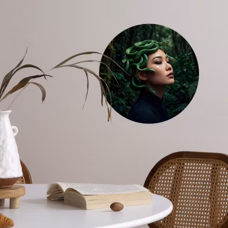 Vrouw - Slang - Natuur - Mystiek - Groen Wandcirkel behangsticker klein -sfeer3