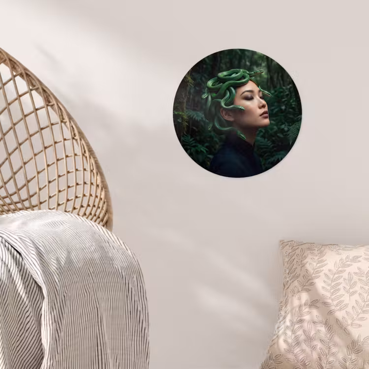 Vrouw - Slang - Natuur - Mystiek - Groen Wandcirkel behangsticker klein -sfeer4