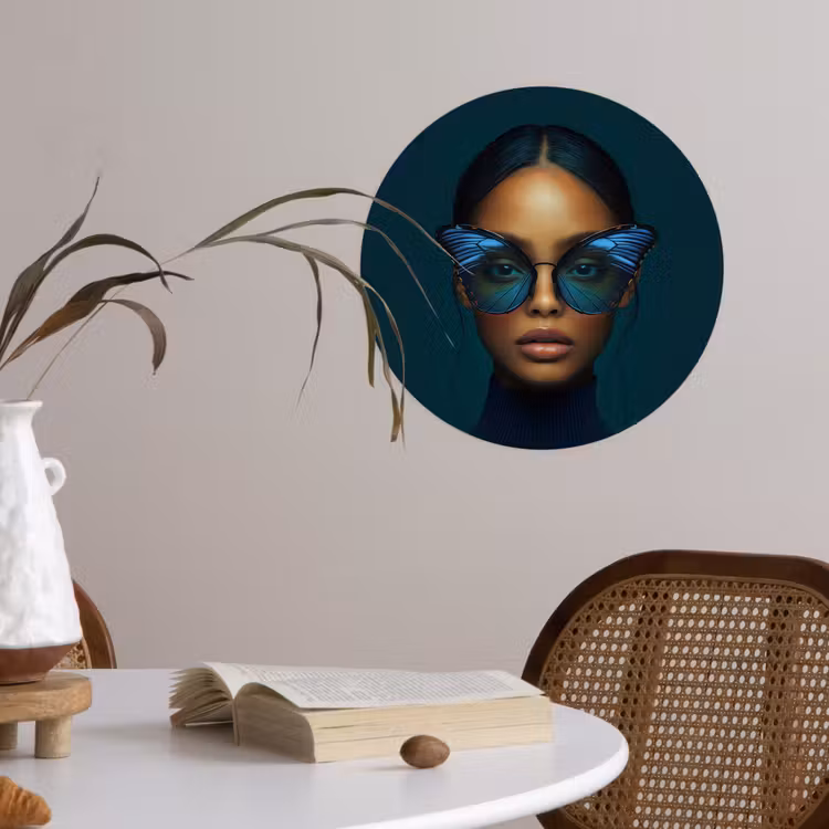 Vrouw - Vlinder - Bril - Blauw - Modern - Portret Wandcirkel behangsticker klein -sfeer3