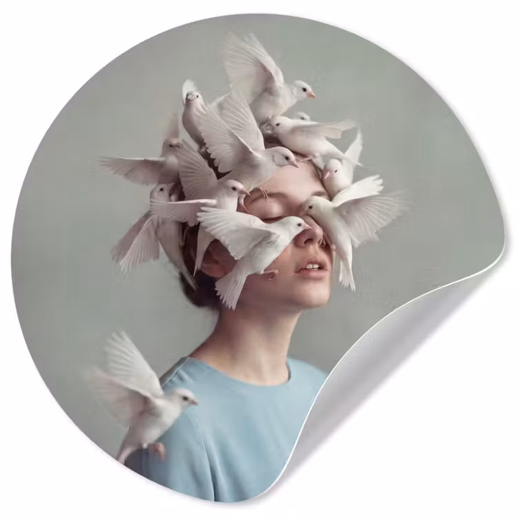 Vrouw - Vogels - Abstract - Modern - Wit Wandcirkel behangsticker klein -3d