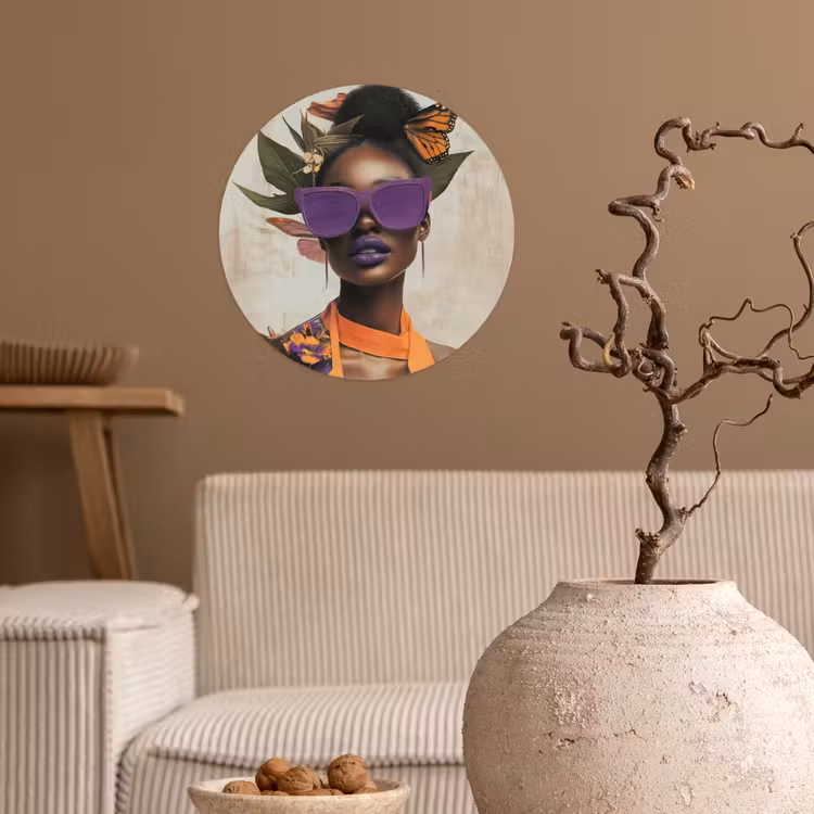 Vrouw - Zonnebril - Vlinder - Bloemen Wandcirkel behangsticker klein -sfeer1