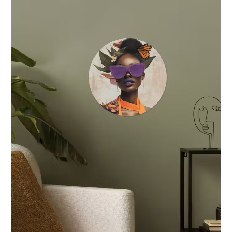 Vrouw - Zonnebril - Vlinder - Bloemen Wandcirkel behangsticker klein -sfeer2