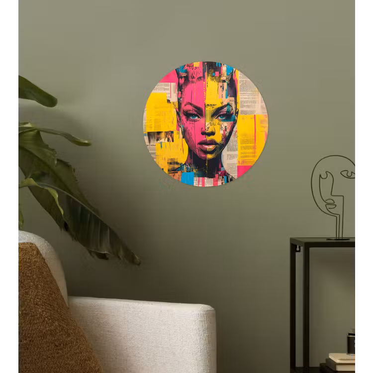 Vrouwengezicht - Krantenpapier - Abstract - Roze Wandcirkel behangsticker klein -sfeer2