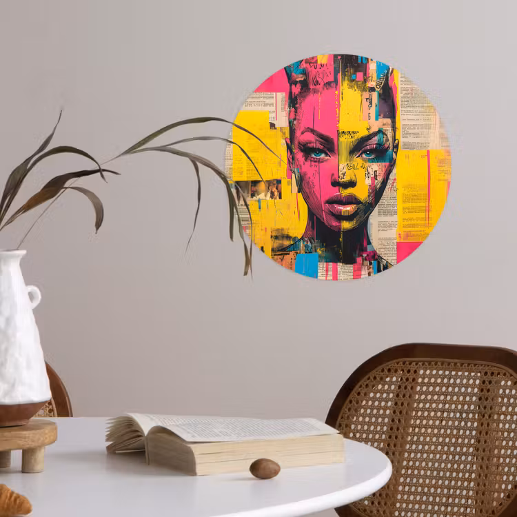 Vrouwengezicht - Krantenpapier - Abstract - Roze Wandcirkel behangsticker klein -sfeer3