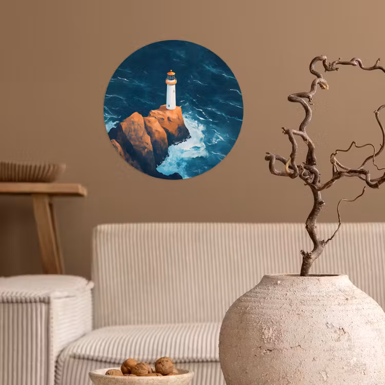 Vuurtoren - Rots - Zee - Golven Wandcirkel behangsticker klein -sfeer1