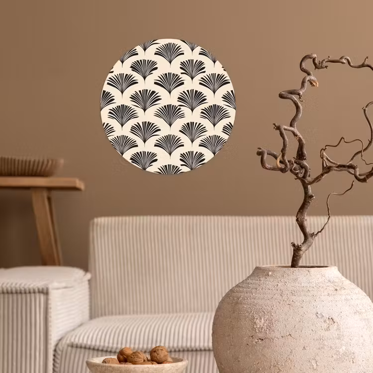 Waaiers - Botanisch - Zwart - Beige Wandcirkel behangsticker klein 186 -sfeer1