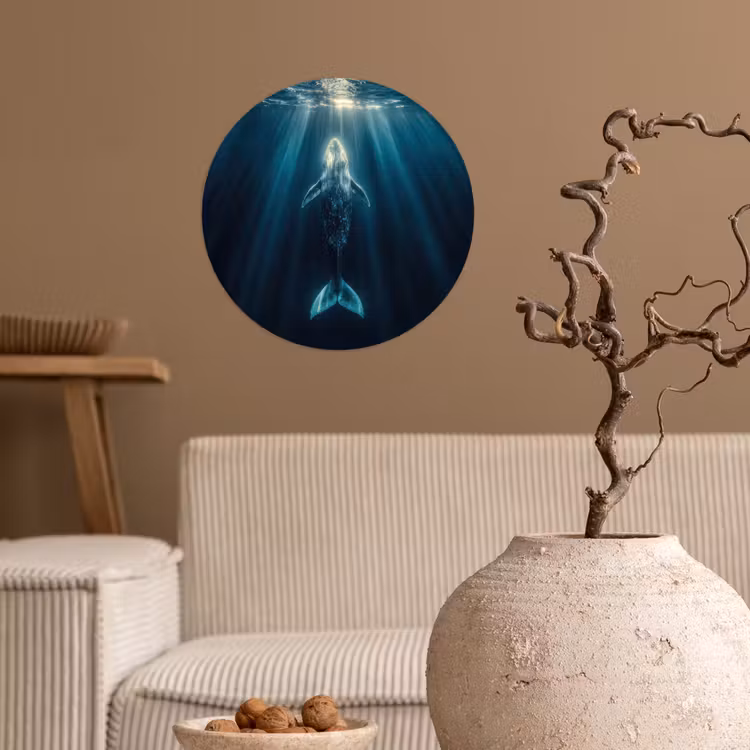 Walvis - Water - Zonnestralen - Blauw Wandcirkel behangsticker klein -sfeer1