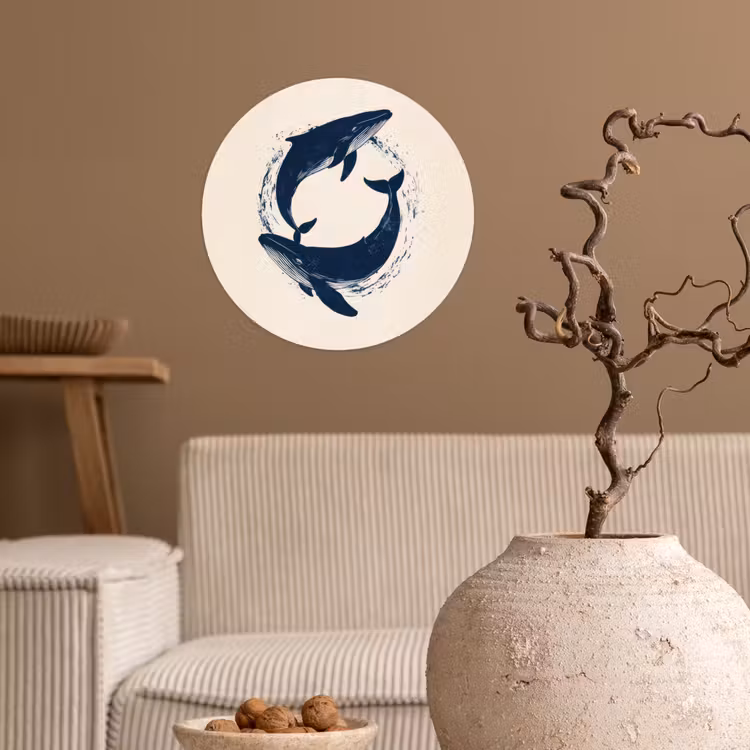 Walvissen - Spetters - Cirkel - Donkerblauw Wandcirkel behangsticker klein -sfeer1