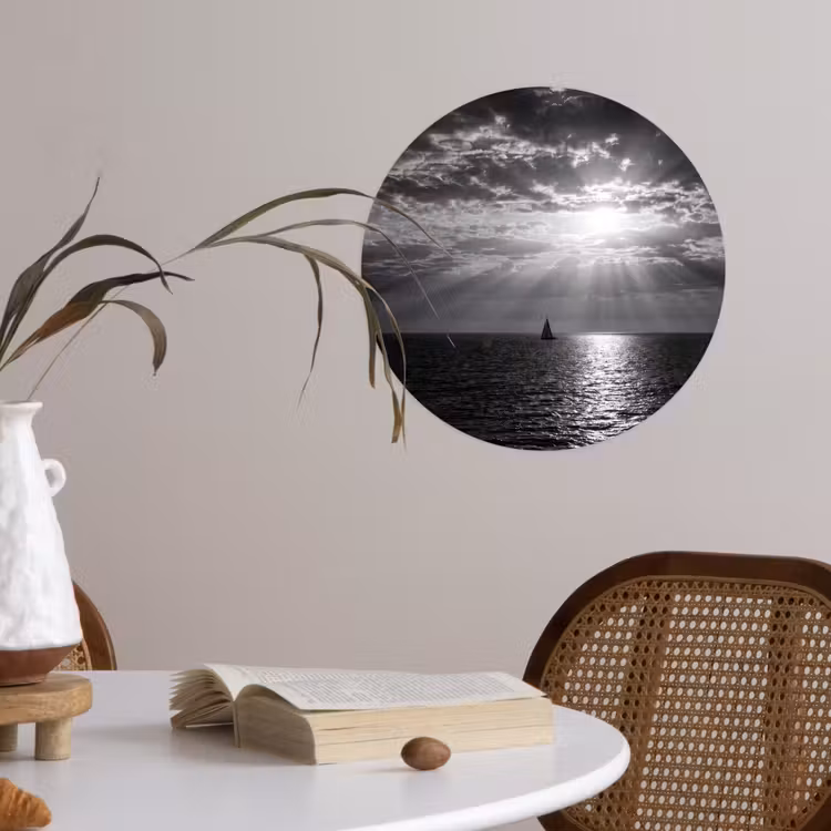 Water - Boot - Lucht - Natuur - Zwart-wit Wandcirkel behangsticker klein -sfeer3