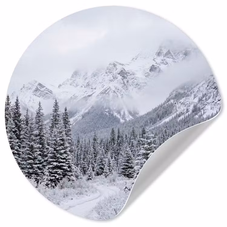 Weg - Bergen - Sneeuw - Naaldbos - Avontuurlijk Wandcirkel behangsticker klein -3d