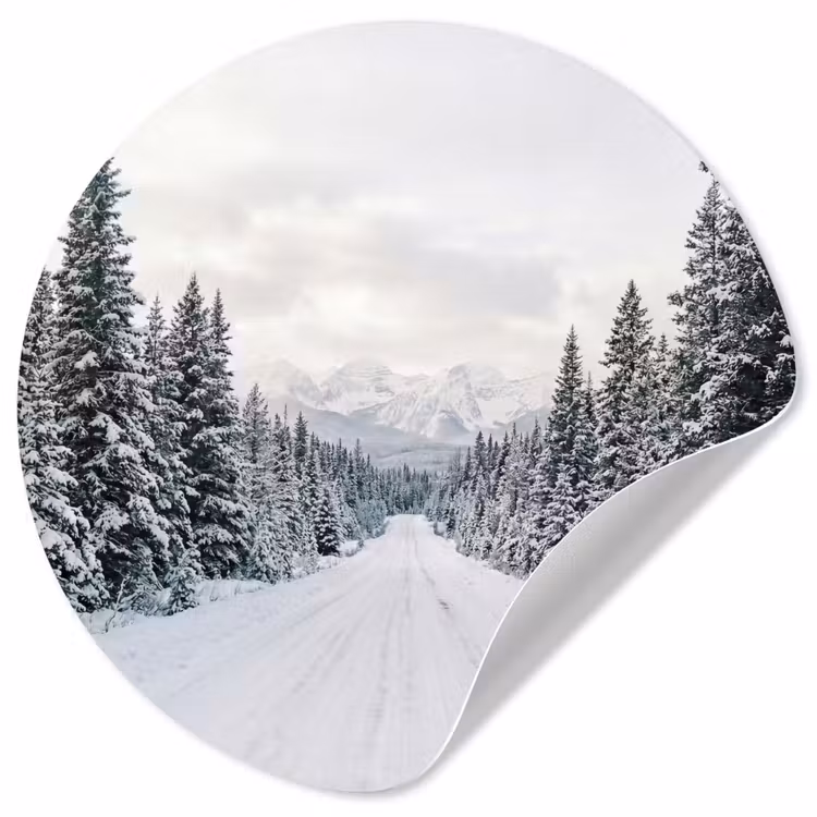 Weg - Sneeuw - Naaldbos - Winter - Avontuurlijk Wandcirkel behangsticker klein -3d