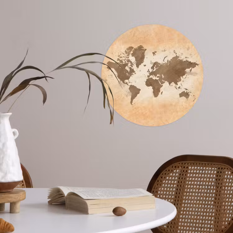 Wereldkaart - Beige - Bruin Wandcirkel behangsticker klein -sfeer3