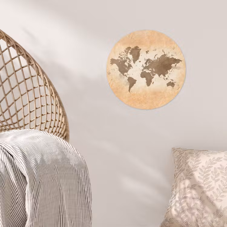 Wereldkaart - Beige - Bruin Wandcirkel behangsticker klein -sfeer4